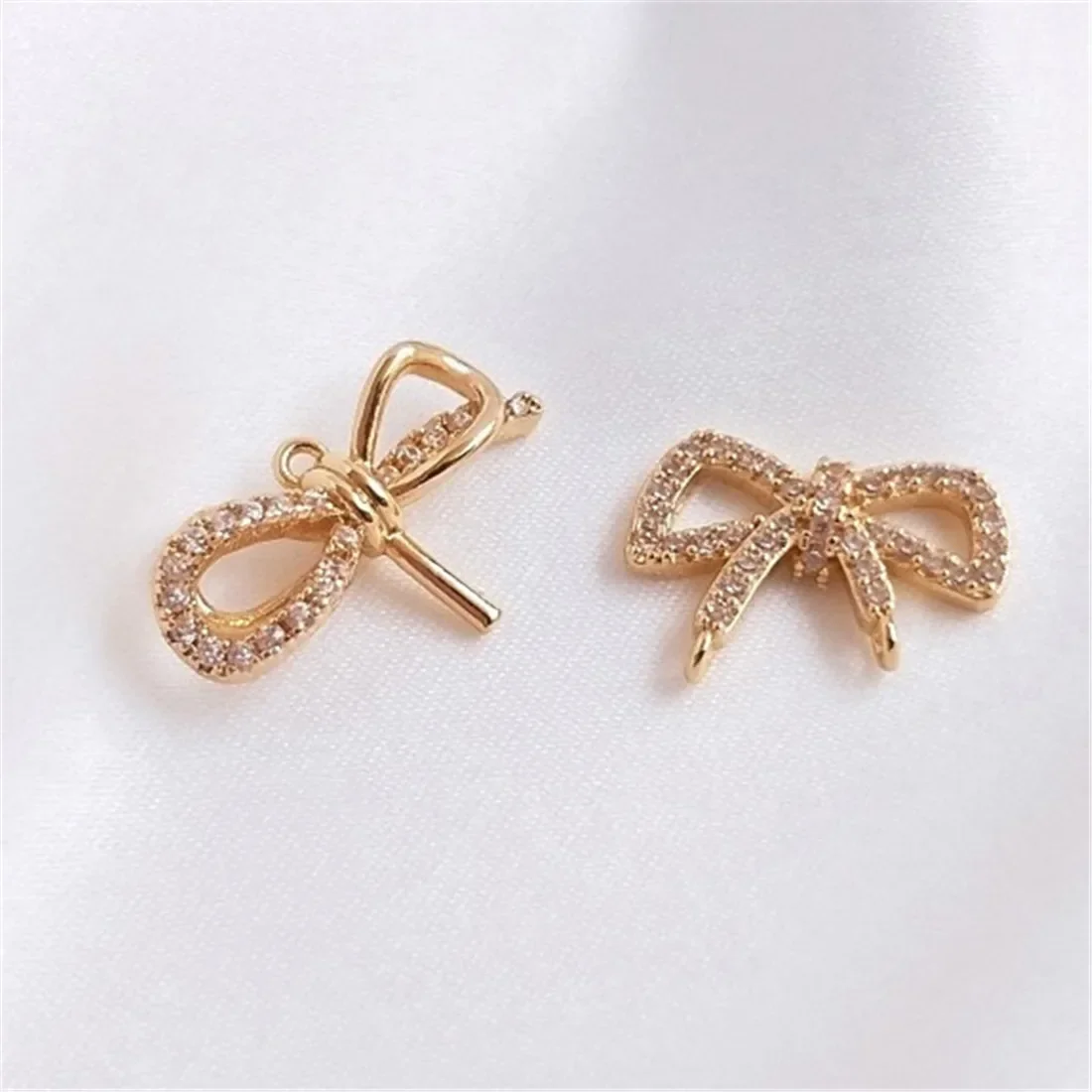 

14K Gold Inlaid Zircon Bow Pendant with Crystal Pearl Tray DIY Charm Earrings Double Hanging Pendant D075