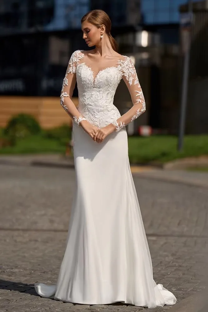 

OL Customized Beach Long Sleeve Mermaid Wedding Dress V-Neck Lace Button Bridal Gowns To Measures Civil Sweep Vestido de novia