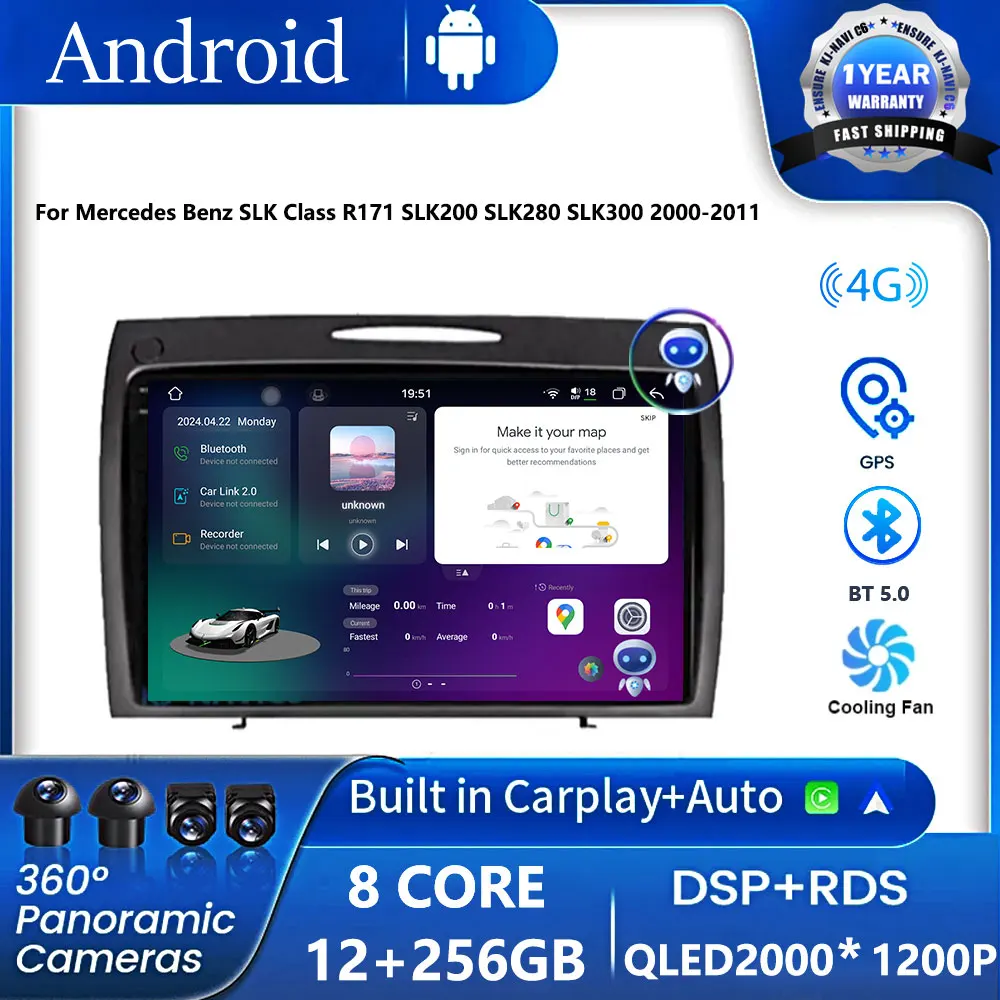 Carplay Android 14 autoradio lettore multimediale di navigazione GPS per Mercedes Benz SLK classe R171 SLK200 SLK280 SLK300 2000-2011