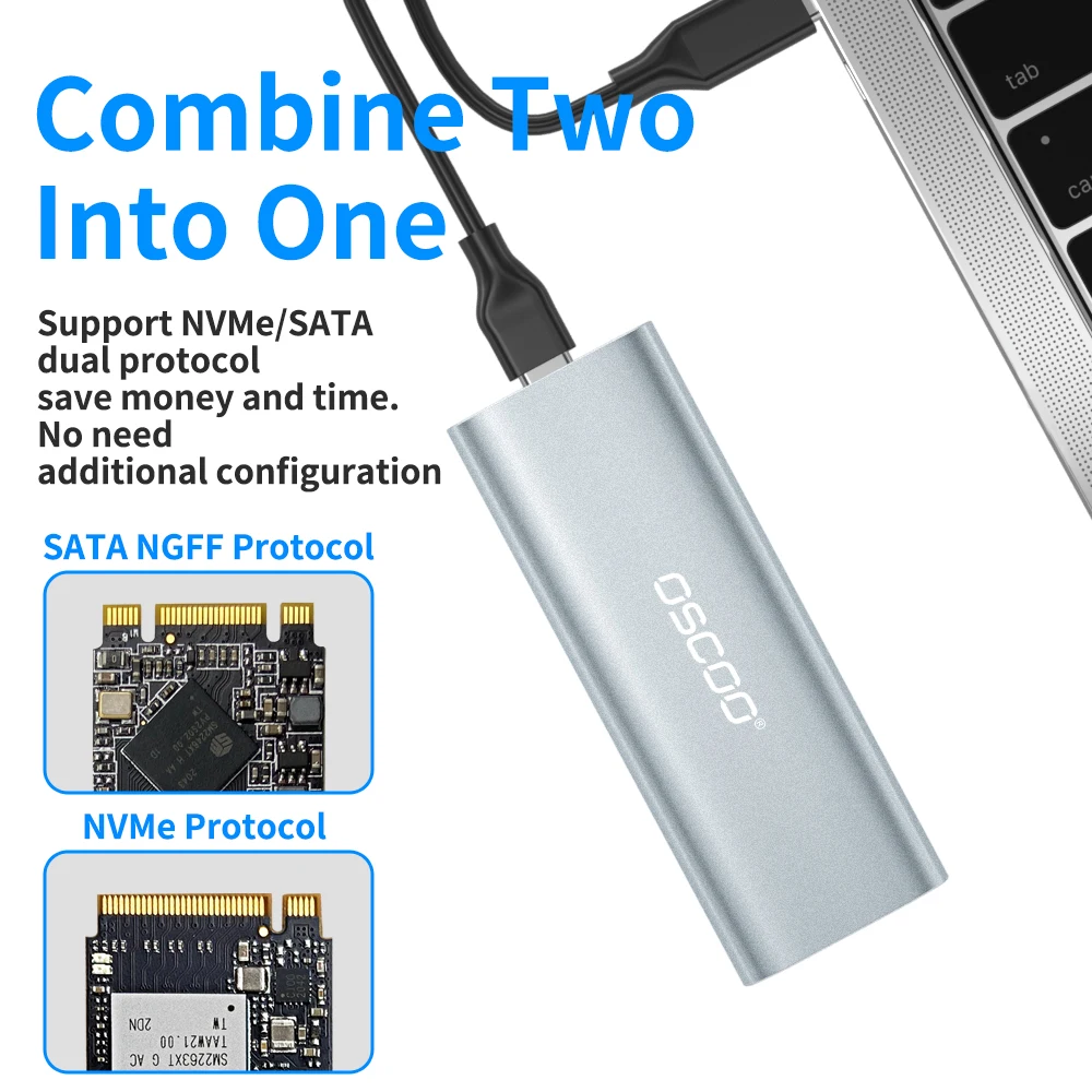 OSCOO M2 SSD-behuizing M.2 NVMe SATA SSD-behuizingsadapter 10Gbps USB 3.2 Gen2 USB C externe behuizing Ondersteunt M- en B&M-sleutels