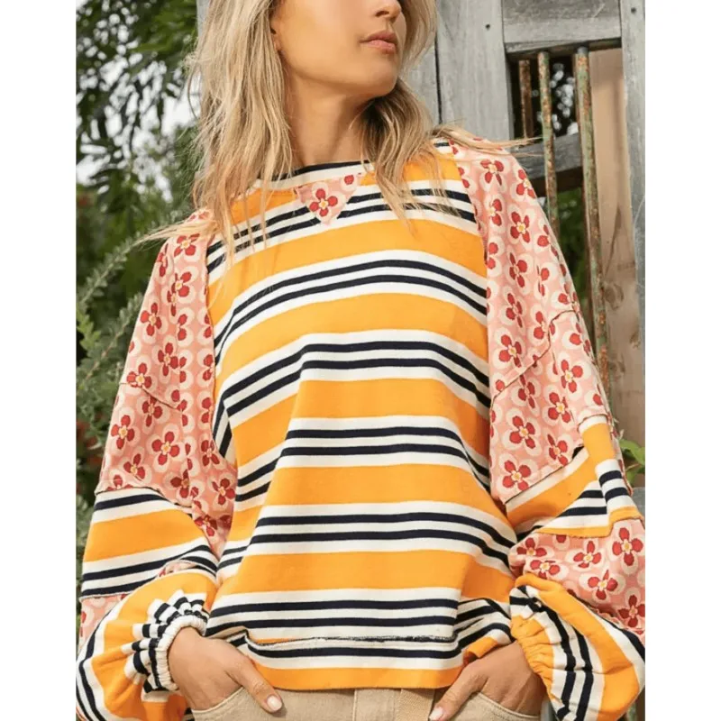 

Casual Women's Sweatshirt Fashion 2024 Color Blocked Striped Flower Printing Hoodie Casual Loose O-Neck Long Sleeved Sweatshirt