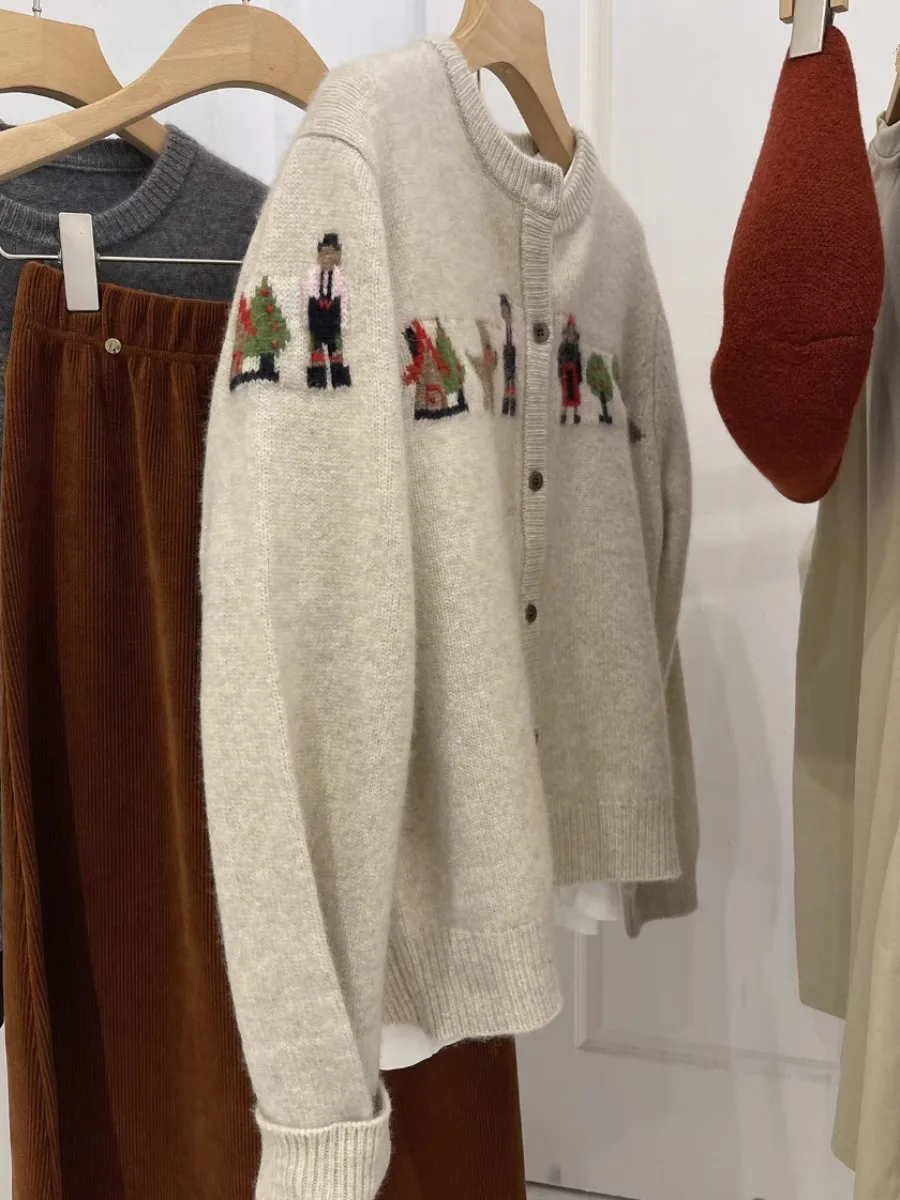 

Fun Cartoon Embroidery Oversized Vintage Women's Knitwear Cardigan 2023 Autumn Sle Slimming Long Sve round Ne Sweater