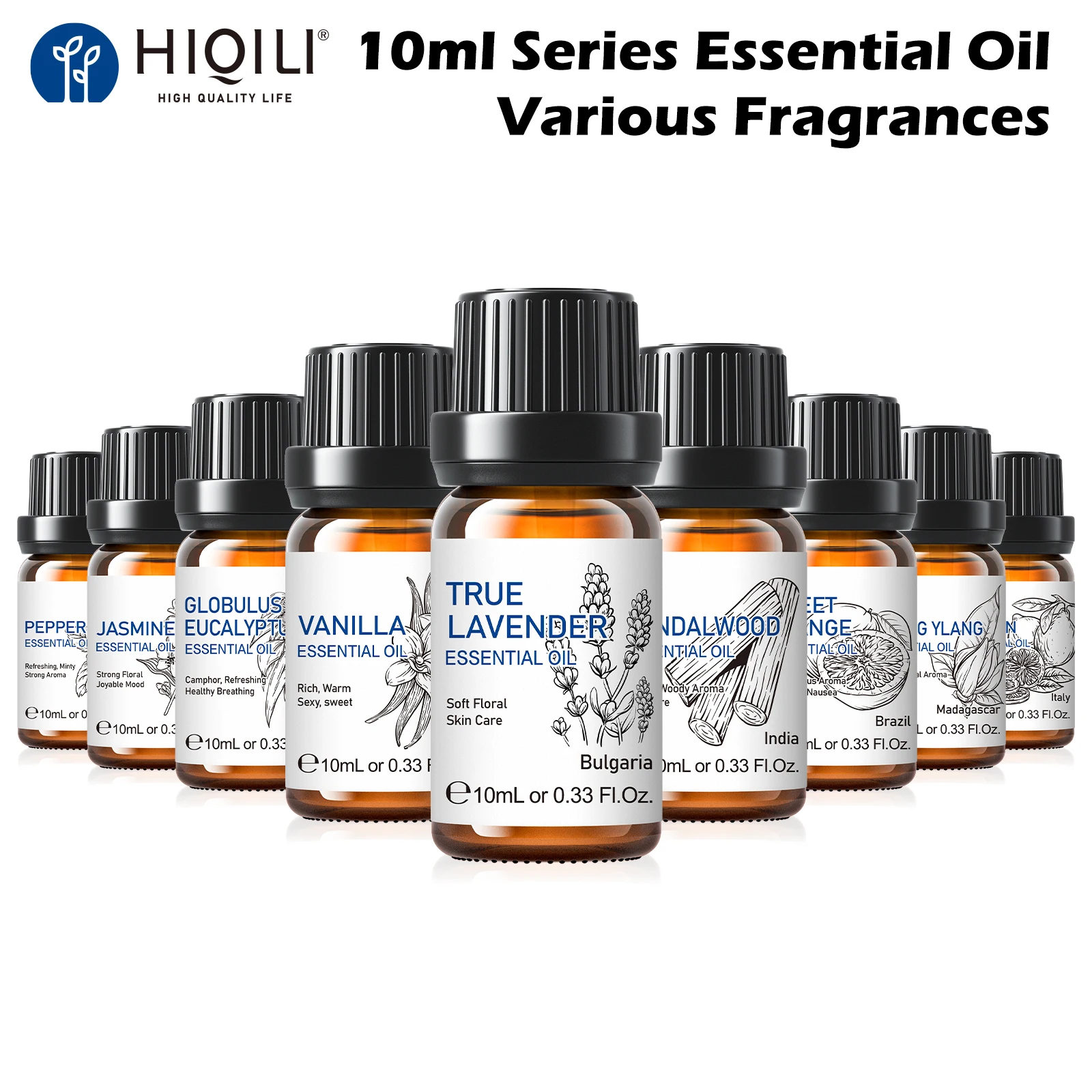 HIQILI Aceite Esencial Puro y Natural de 10 ml, Lavanda, Jazmín, Eucalipto, Vainilla, Sándalo, Naranja Dulce, Limón, Orégano, Rosa
