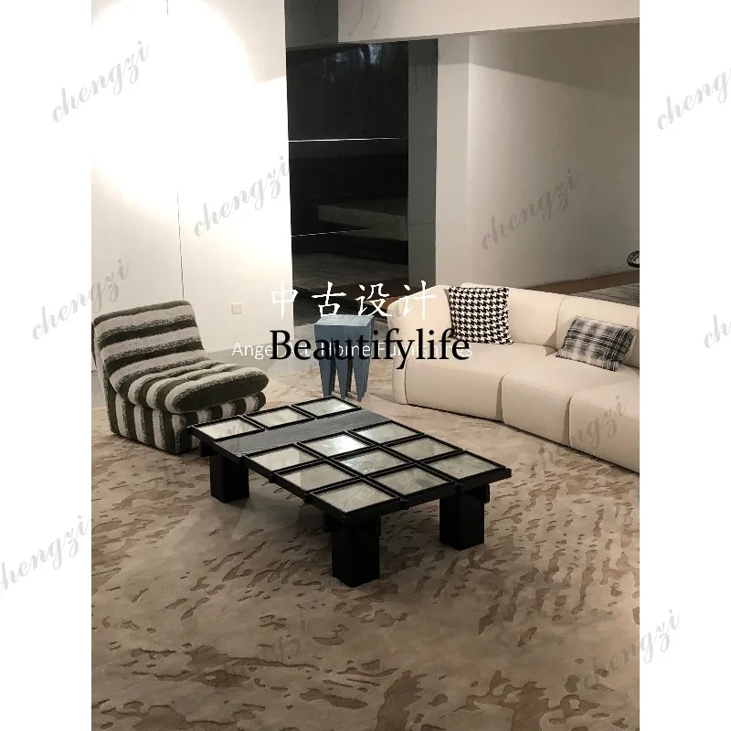 Medieval artificial marble solid wood high-end rectangular home living room coffee table grid art