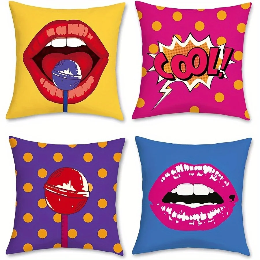 4-Pack Pop Art Style Colorful Pillow Covers, Modern Single-Sided Print Square Cushion Cases for Sofa and Home Decor