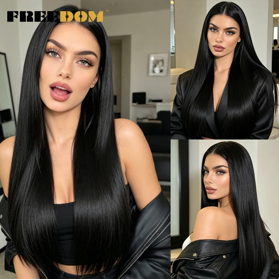 

FREEDOM Synthetic Lace Front Wigs For Women Straight Layered Ombre Brown Red Blonde Wig 28 Inch Heat Resistant Daily Use Wigs