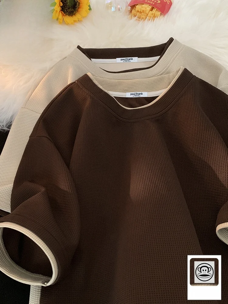 

Мужская летняя повседневная дышащая футболка Paul Frank свободного кроя с имитацией двухслойности и вафельным узором, из полиэфирного волокна