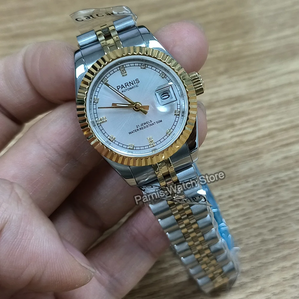 Parnis 26mm Silver Gold ผู้หญิง Sapphire คริสตัล Miyota6T51 อัตโนมัตินาฬิกาข้อมือสแตนเลส Jubilee สร้อยข้อมือ