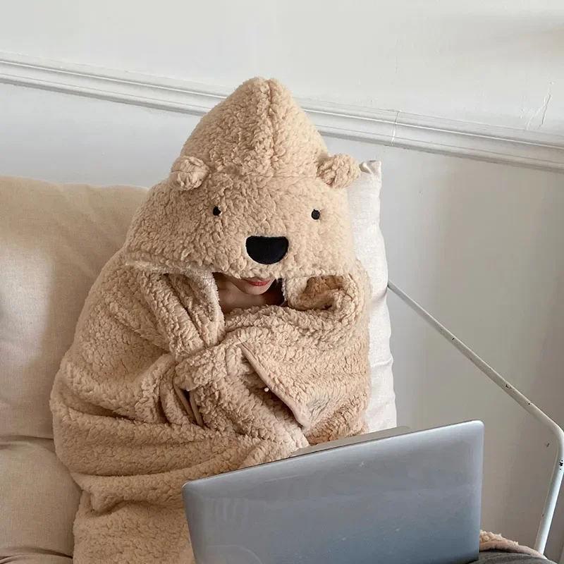 New Kawaii Wearable Cute Bear Blanket Coral Velvet Warm Throw Blanket in Winter Ins Style Hooded Cloak Blankets Adults Kids