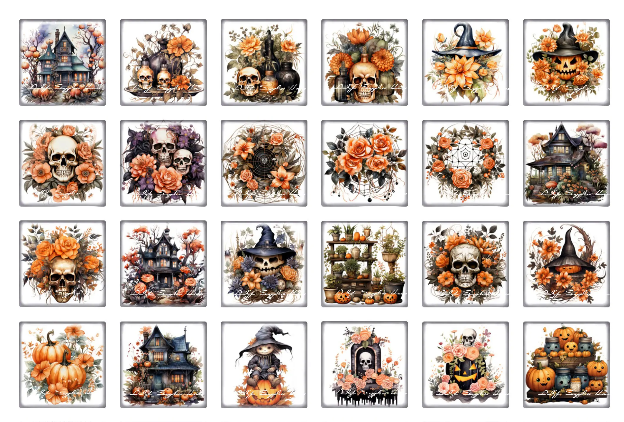 10pcs/lots Halloween WItch Skull Hunting Spider Flower Square Photo Glass Cabochon Demo Flat Back Cameo For Diy Jewelry Making