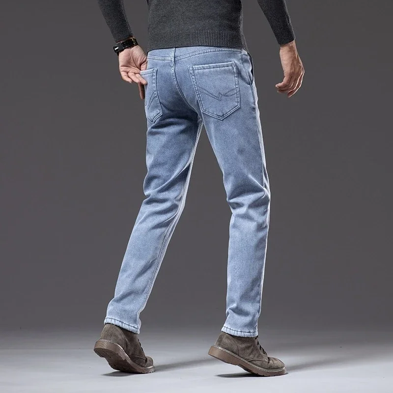 Зимние флисовые утепленные теплые джинсы, винтажные брендовые классические ретро молодежные модные мужские прямые повседневные эластичные джинсовые брюки
