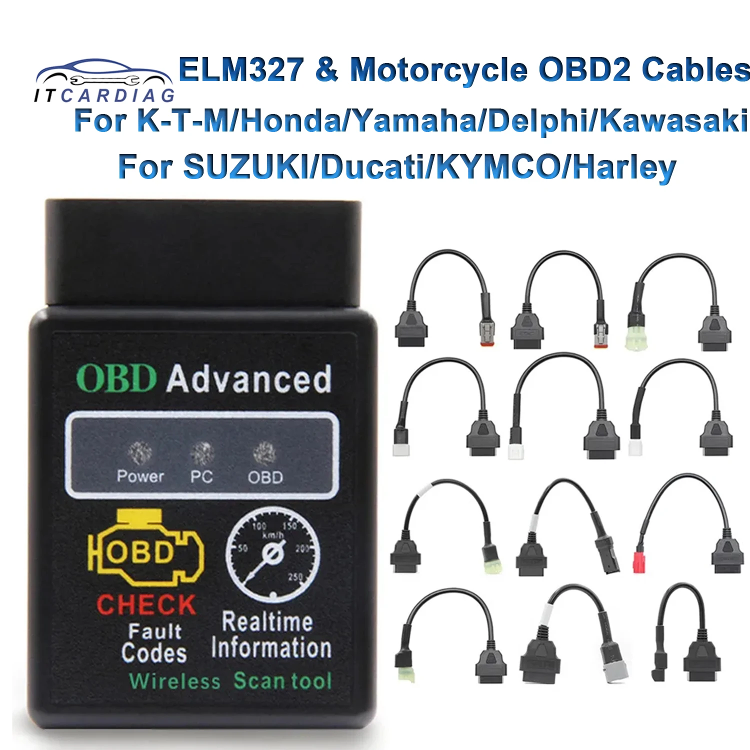 ELM327 V1.5 com motocicleta Cabos OBD2, apto para SUZUKI, Ducati, Kawasaki, YAMAHA, HONDA, EFI, moto Fault Diagnosis Too