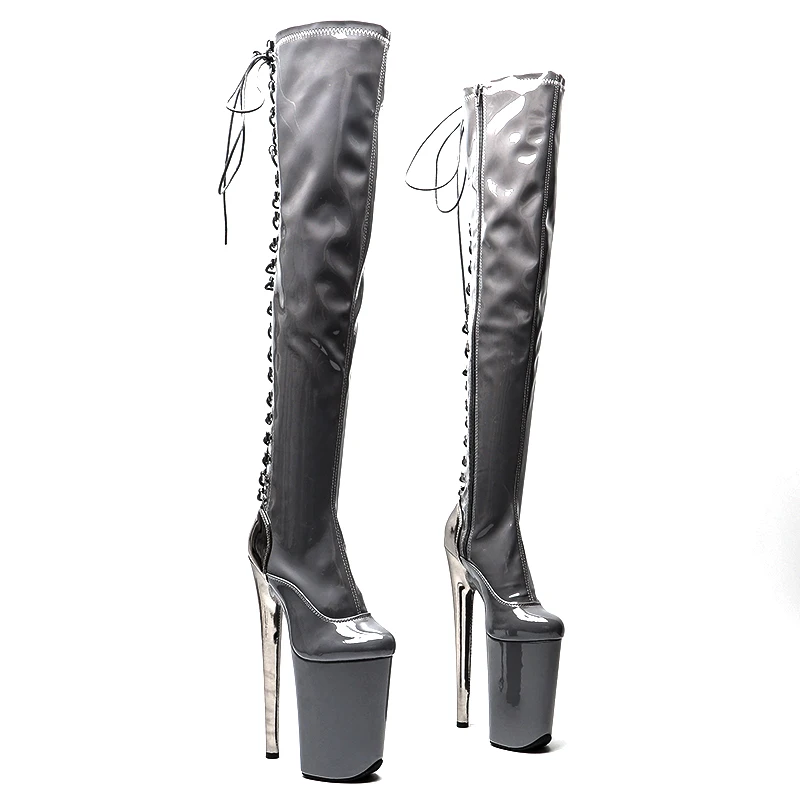 

Leecabe 23CM/9inches patenr leather Knee High Boots For Women Chunky Platform sexy High Boots Party Shoes Ladies 5B