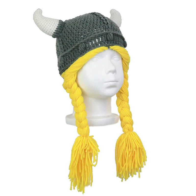 Kids Barbarian Vagabond Viking Beard Beanie Horn Hat Handmade Winter Warm Birthday Funny Gag Halloween Cap Christmas Gifts