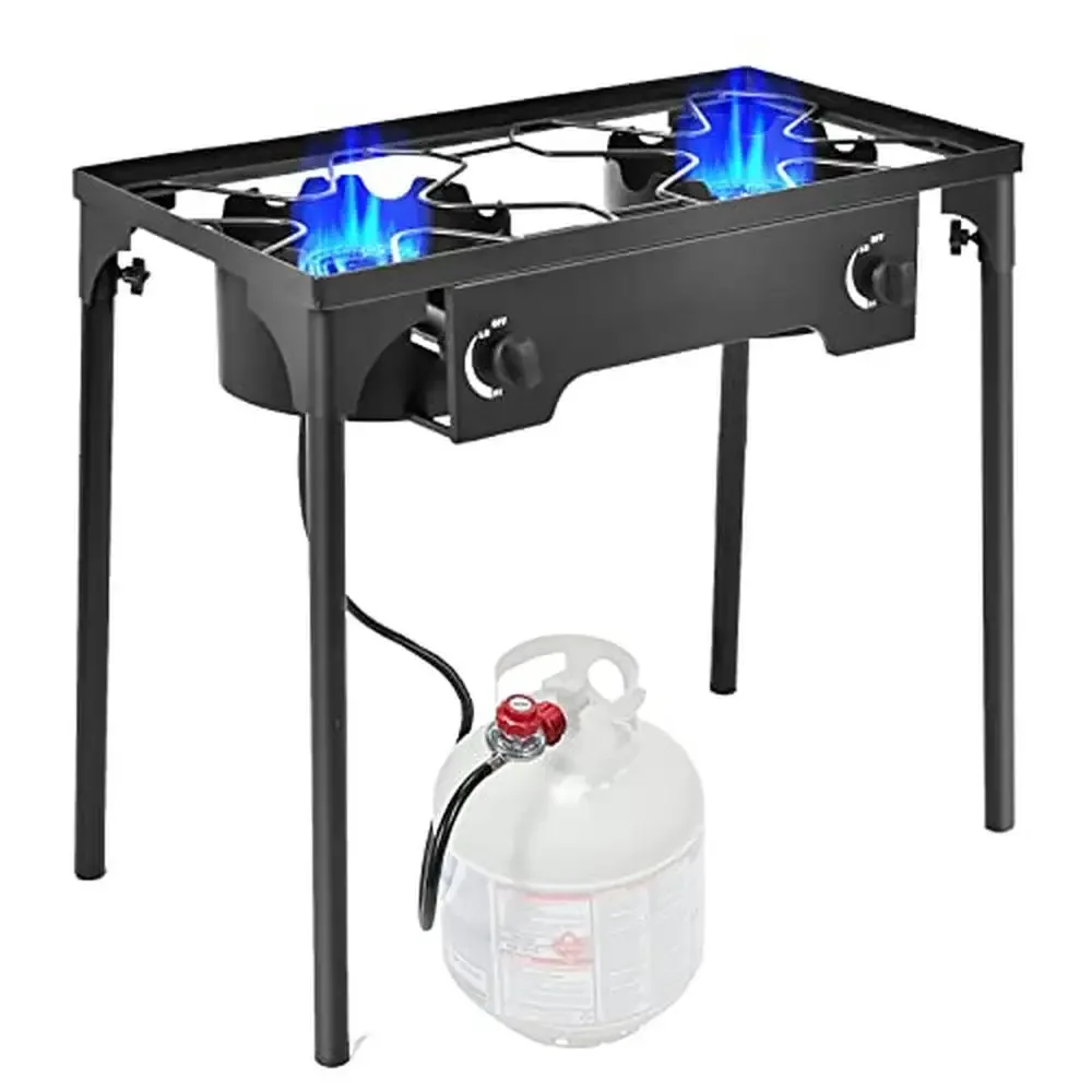 Portable Dual Burner Propane Gas Camp Stove with Detachable Legs & CSA Regulator Powerful 75,000 BTU Cooking Sturdy Cast Iron