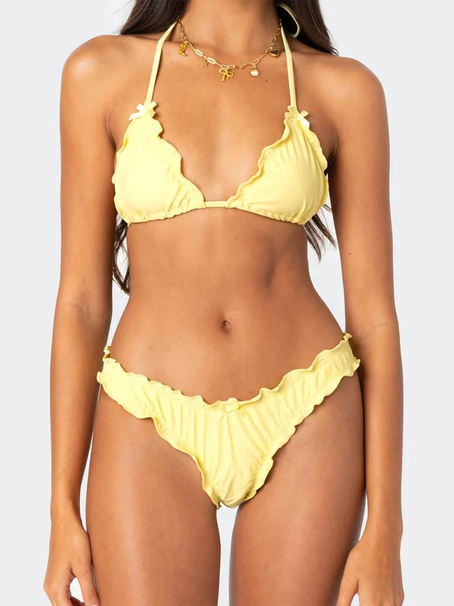 

Womens 2 Piece Bikini Set Lettuce Trim Halter Neck Tie-up Tops Shorts Bathing Suit Outfits for Beach Pool