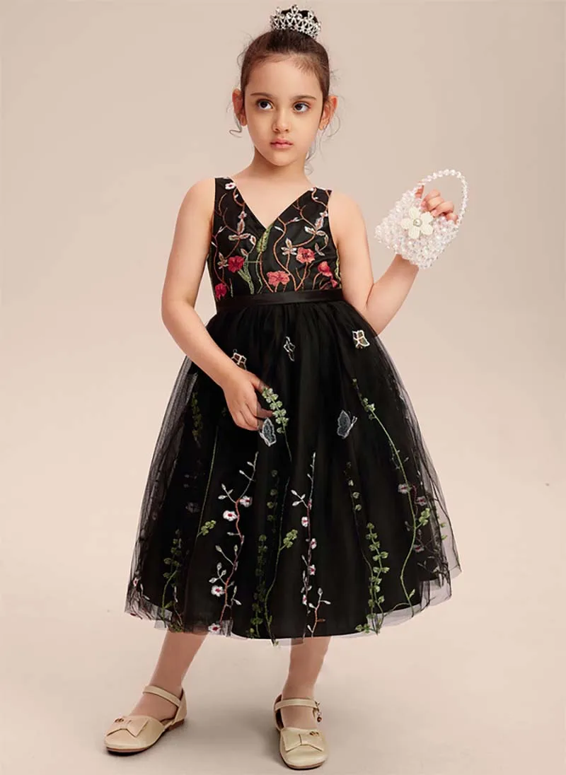 A-line V-Neck Tea-Length Embroidered Tulle Tutu Open Back Wedding Toddler Girl Dress First Communion Gown Birthday Party bow