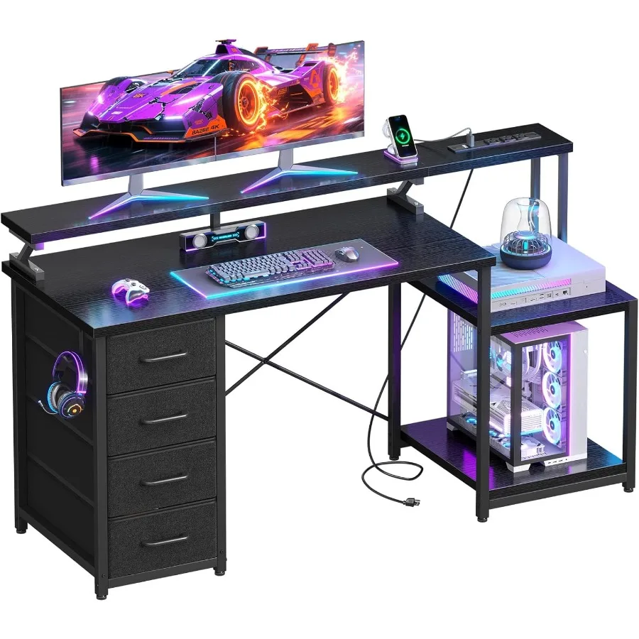 

55-дюймовый компьютерный игровой стол с розетками, 4 ящиками, домашний офисный стол с подставкой для монитора, полки для принтера, черный цвет