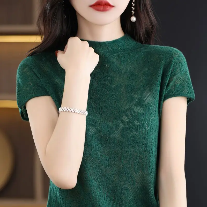 Women\'s Clothing Summer Sexy Hollow Elegant Chic Ice Silk Knitwear Korean Fashion Solid O Neck Short Sleeve Slim Basic T-shirts