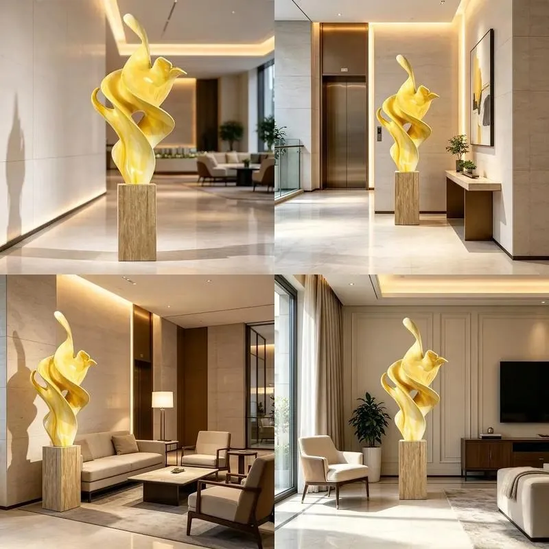 Custom Large Yellow Whirlpool Fiberglass Sculpture on Stone Base Cartoon Floor Statue for Hotel Lobby Villa Interior