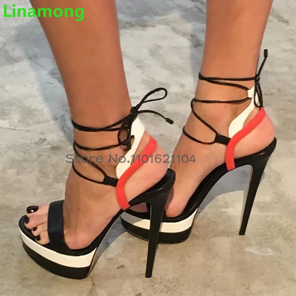 

Platform Super Thin High Heel Sandals For Female Women 2024 New Round Toe Mixed-colors Ankle Lace-up Summer Sexy Fashion Shoes