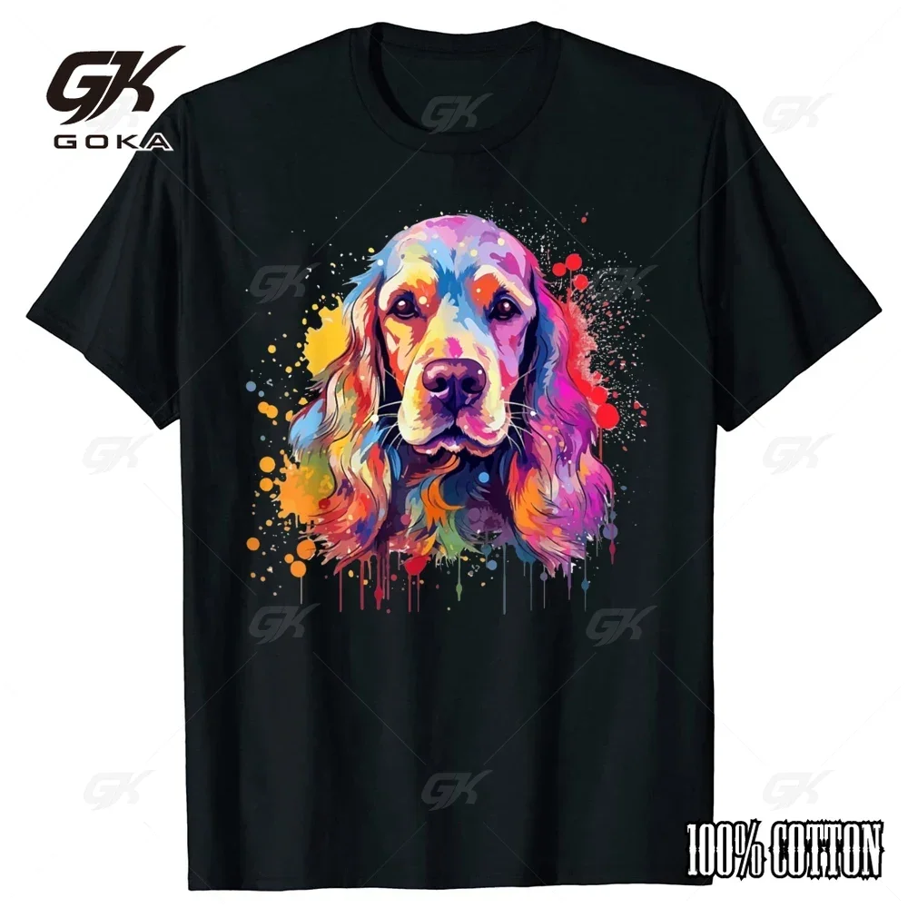 Funny Colorful Splash Art Cocker Spaniel Dog Cotton T Shirt Tee Tops Round Neck Short-Sleeve Tshirt Casual Basic T-shirts