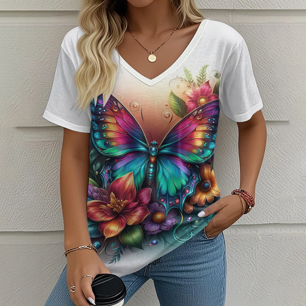 

Summer Women's Butterfly Print V-Neck T-Shirt Streetwear Loose Short Sleeve Tops Female Clothing S-3XL