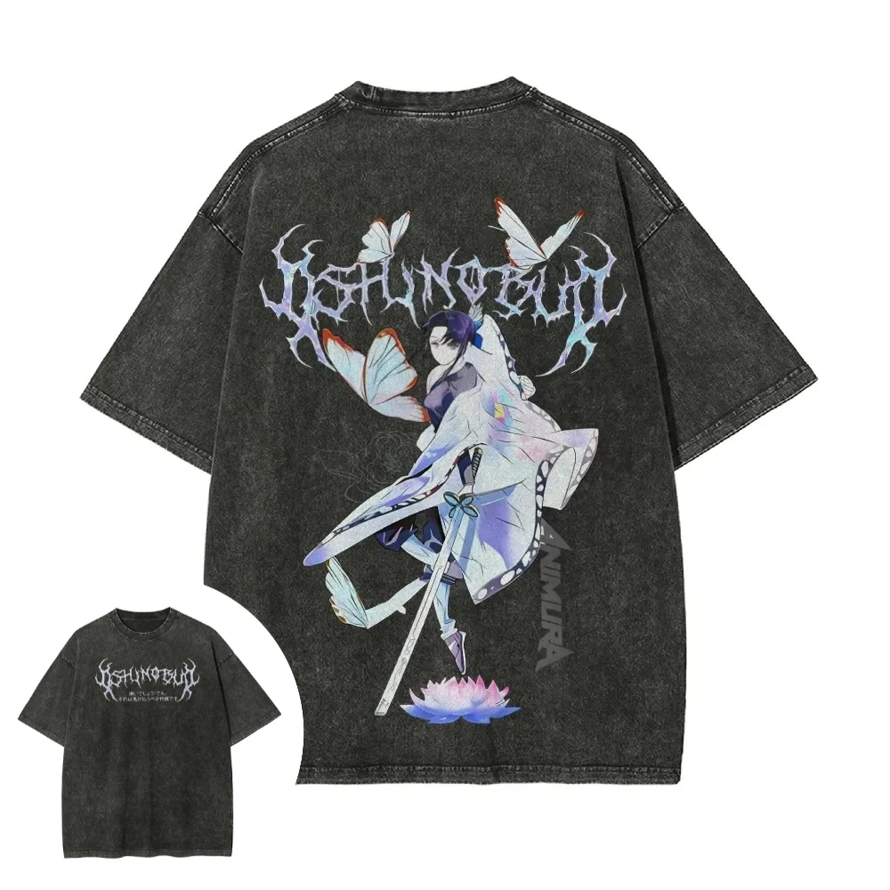 Demon Slayer Herren- und Damen-T-Shirt im Used-Look, Shinobu Kocho, Sommer- und Frühlings-Anime-T-Shirt, Retro Distressed Oversize Kurzarm
