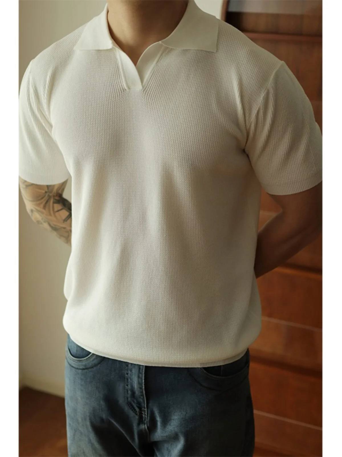 

2024 New American Retro Ice Hemp Water Wave Flip Collar irt Men's Spring Summer Knitted Sweater Faion Urban Sle ...