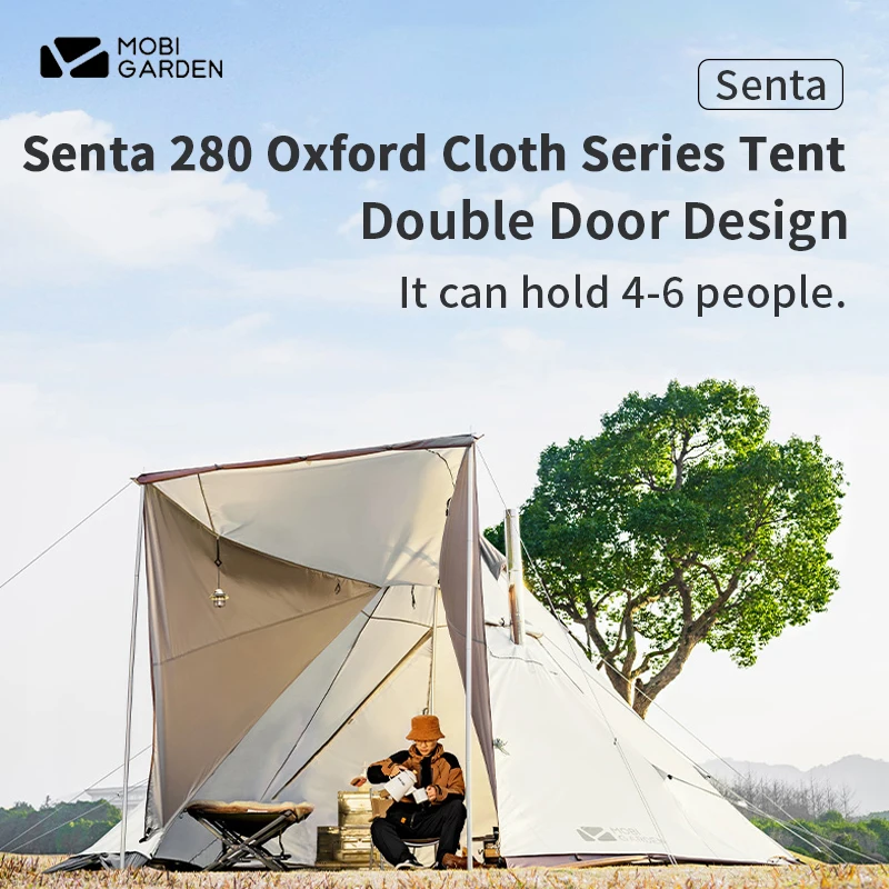 MOBI GARDEN Camping Senta 280 Tent Outdoor Large Space 4-6 Person Pyramid Tent With Chimney Mouth Snow Skirt Tent Gift Iron Pole