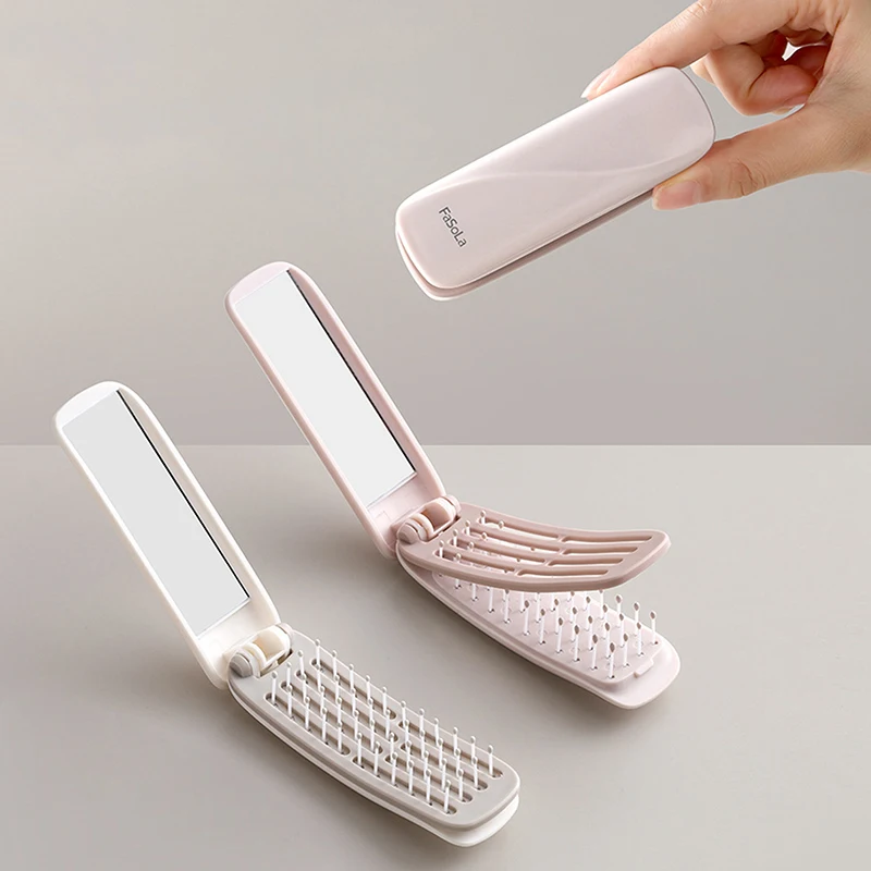 [فرشاة شعر صغيرة محمولة قابلة للطي، مشط تدليك الرأس، مضاد للكهرباء الساكنة، فرشاة شعر محمولة للسفر، أمشاط شعر للفتيات مع مرآة