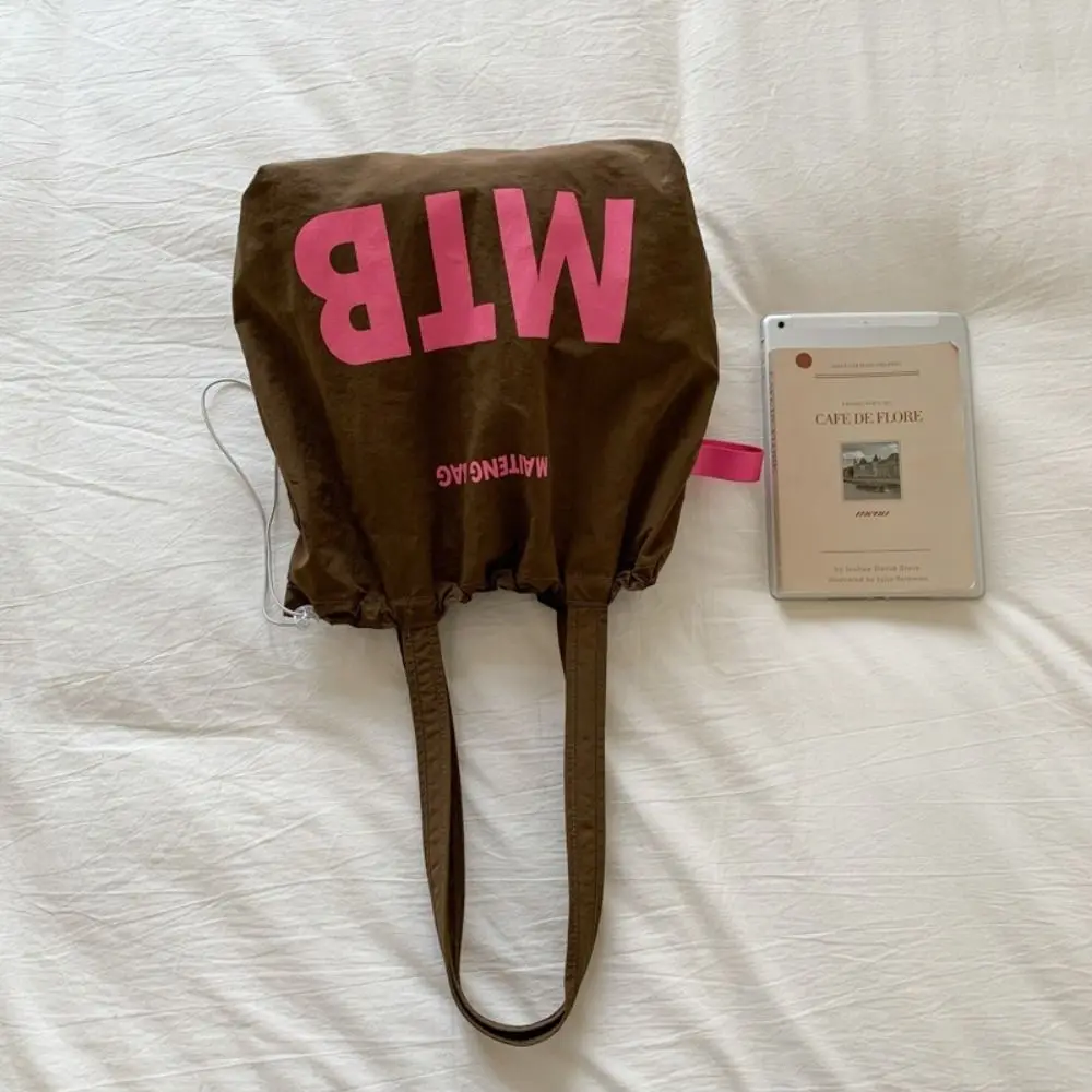 Korean Solid Color Drawstring Bags Light Weight Nylon Letter Shoulder Bag Shopping Large Capacity Tote Bags Ladies