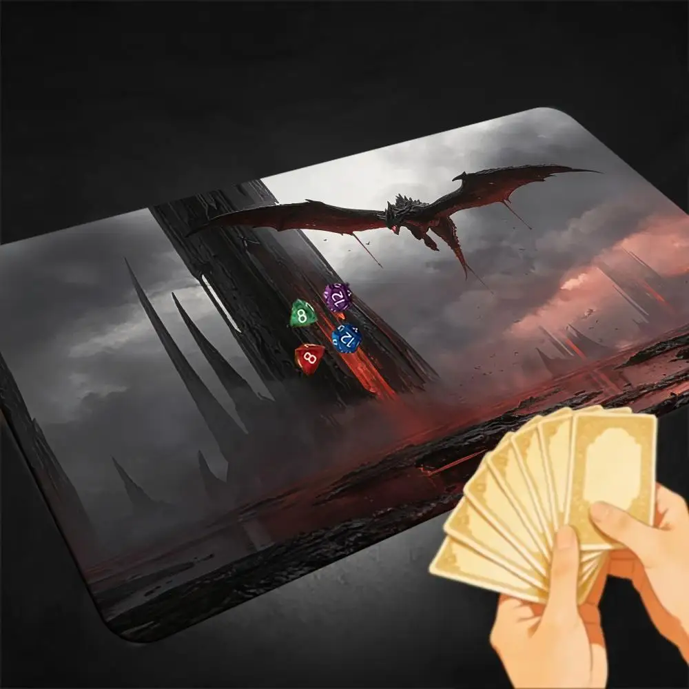 Gothic Dark Hell Volcanic Wasteland Playmat Flying Black Evil Dragon Neoprene Table Pad for TCG DND Tabletop Game 60x35cm