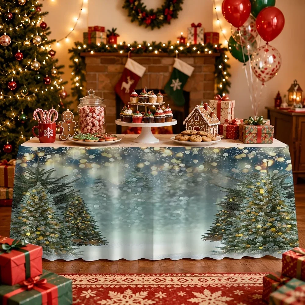 One set of Christmas-themed tablecloth and tablecloth, featuring a snowy Christmas treexzj