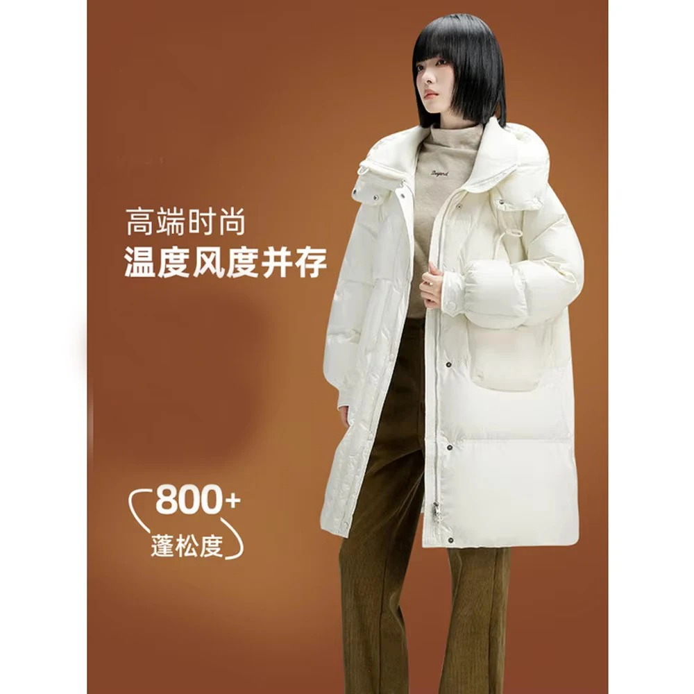 سترة بيضاء 90% من ريش الإوز للنساء، معطف نسائي فضفاض طويل بغطاء للرأس وسميك لشتاء 2025 #4