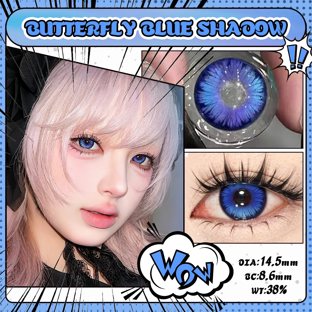 VISUASHOW Lentilles de contact colorées effet papillon bleu ombré 14,5 mm pour usage semi-annuel, maquillage quotidien naturel pour les yeux, idéales pour l'anime et le cosplay