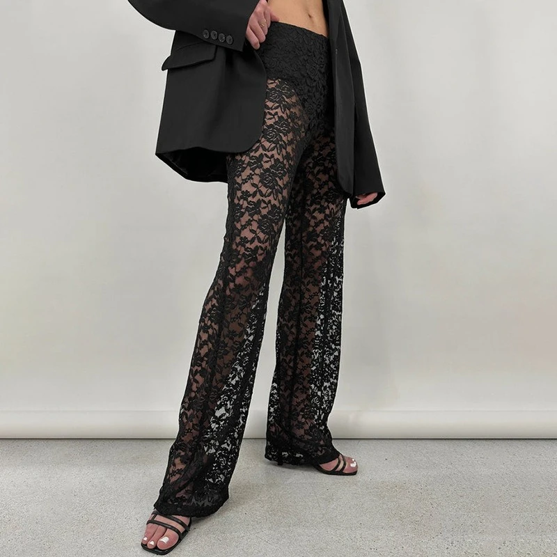 Sexy Women Sheer Lace Pants Transparent Gothic High Waist Wide Leg Flare Pants Ladies Bell-Bottoms Trousers Club Streetwear