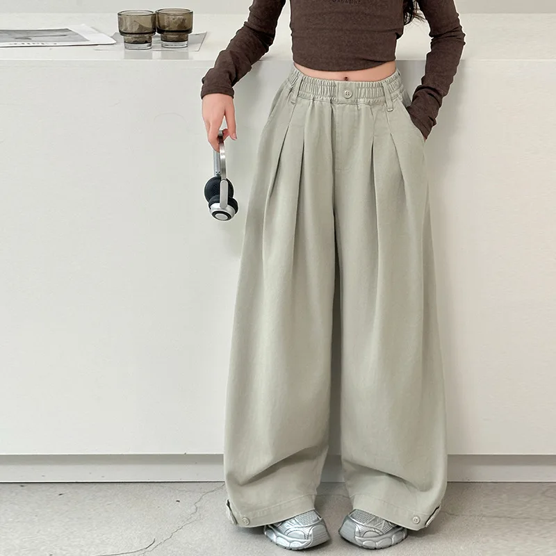 

Korean Autumn Children Girls Pant School Girls Simple Solid Color Straight Leg Pant Teenager Girls Pleated Mid Waist Trousers