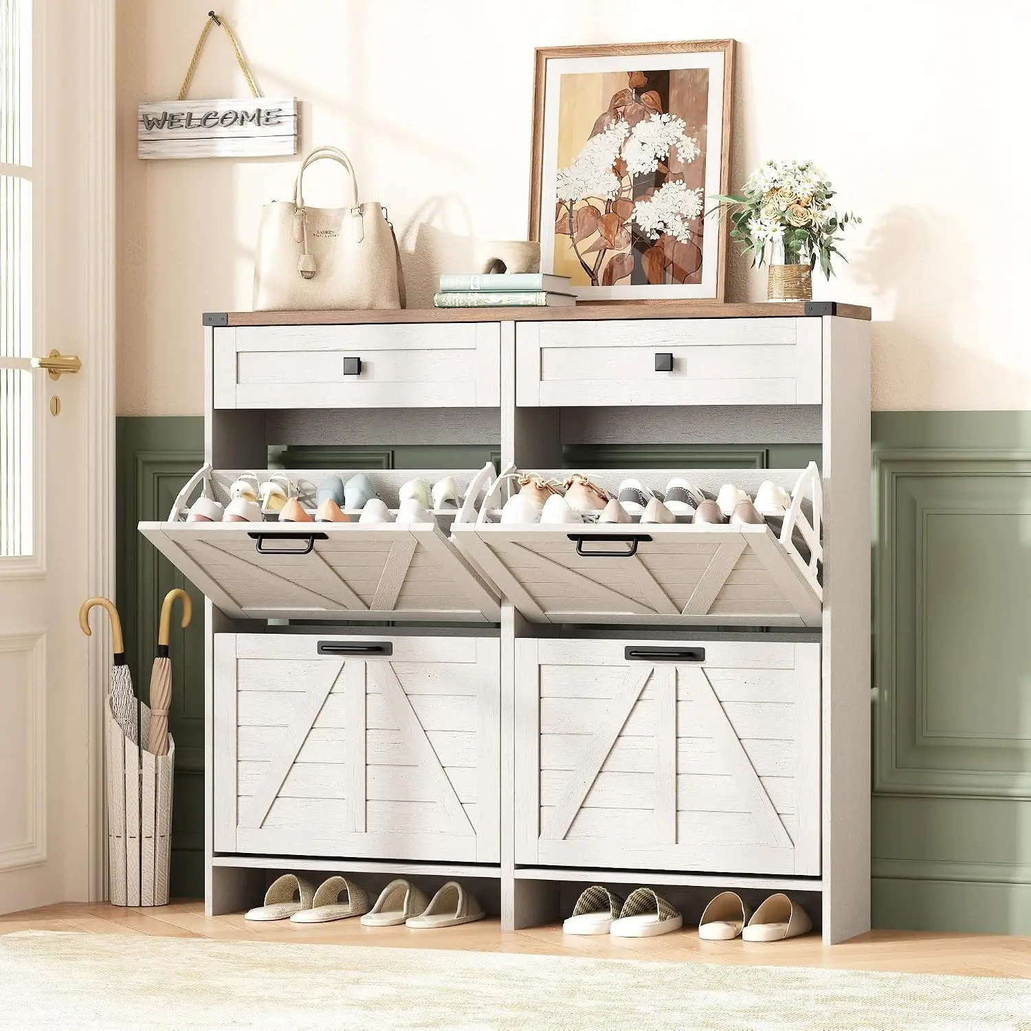 Shoe Cabinet with 4 Flip Drawers & 2 Drawers,Farmhouse Shoe Storage Cabinet for Entryway,Slim Freestanding, Customized