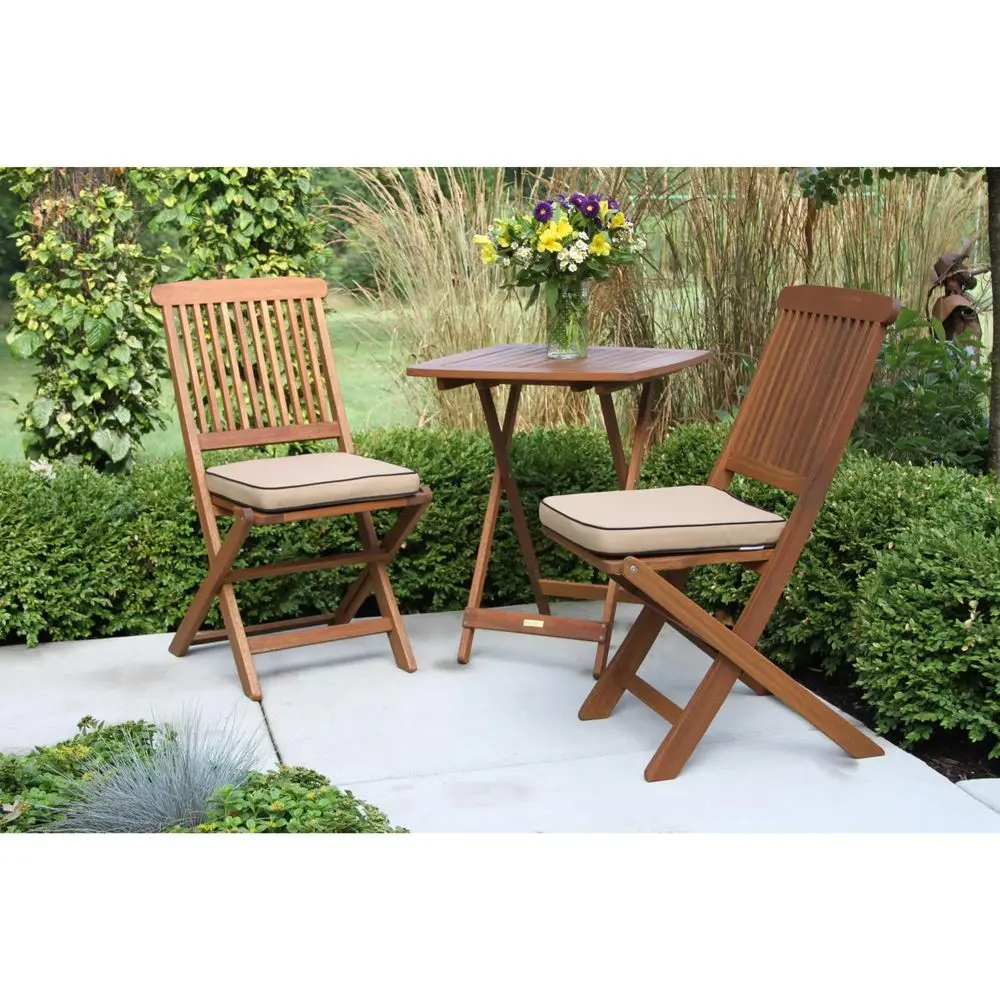 

Eucalyptus Wood 3Piece Square Foldable Bistro Outdoor Furniture Patio Set, Table and 2 Chairs with Cushions, Beige