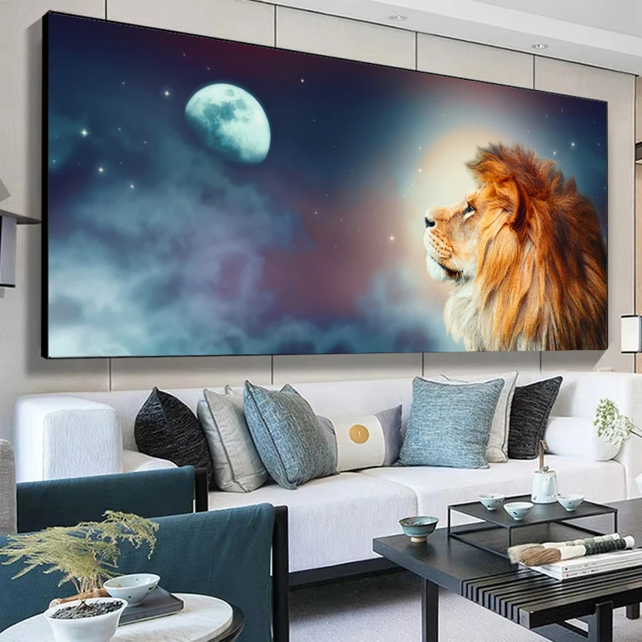 Fullcang Large Size Diamond Arts Painting Kits New Lion Looks Up Moon Diy Full Mosaic Embroidery Animals Picture Wall Decor