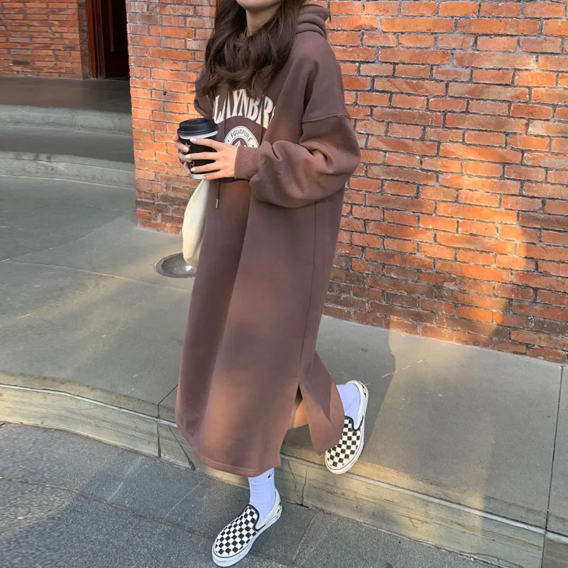 فستان نسائي بقلنسوة من الصوف السميك من Kot طويل فوق الركبة على الطراز الكوري ملابس خارجية غير رسمية مطبوعة للتنقل