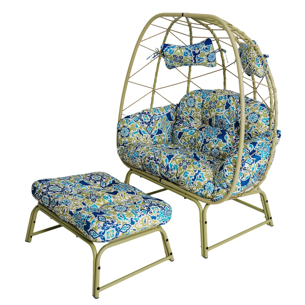 

Double Wicker Outdoor Egg Chair with Ottoman, Cushion & Footrest for Balcony, Garden & Backyard