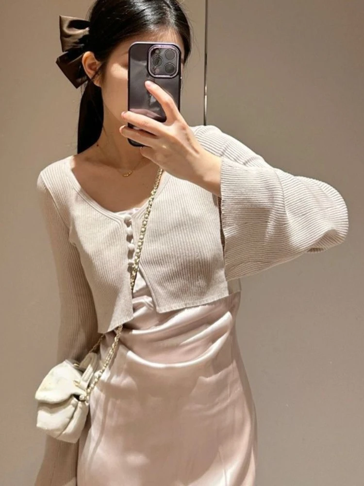 Kuzuwata V Neck Flare Sleeve Single Breasted Sets Tops Elegant Mid-length Patchwork Sling Dresses Japan Temperament Women Suit