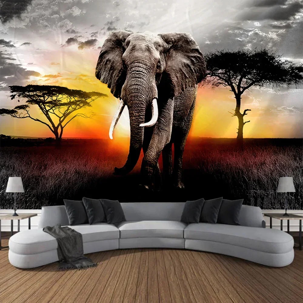 

Forest Elephant Art Tapestry Sunrise Sunset Landscape Home Wall Hanging Blanket Hippie Wall Decoration Room Art Decoration