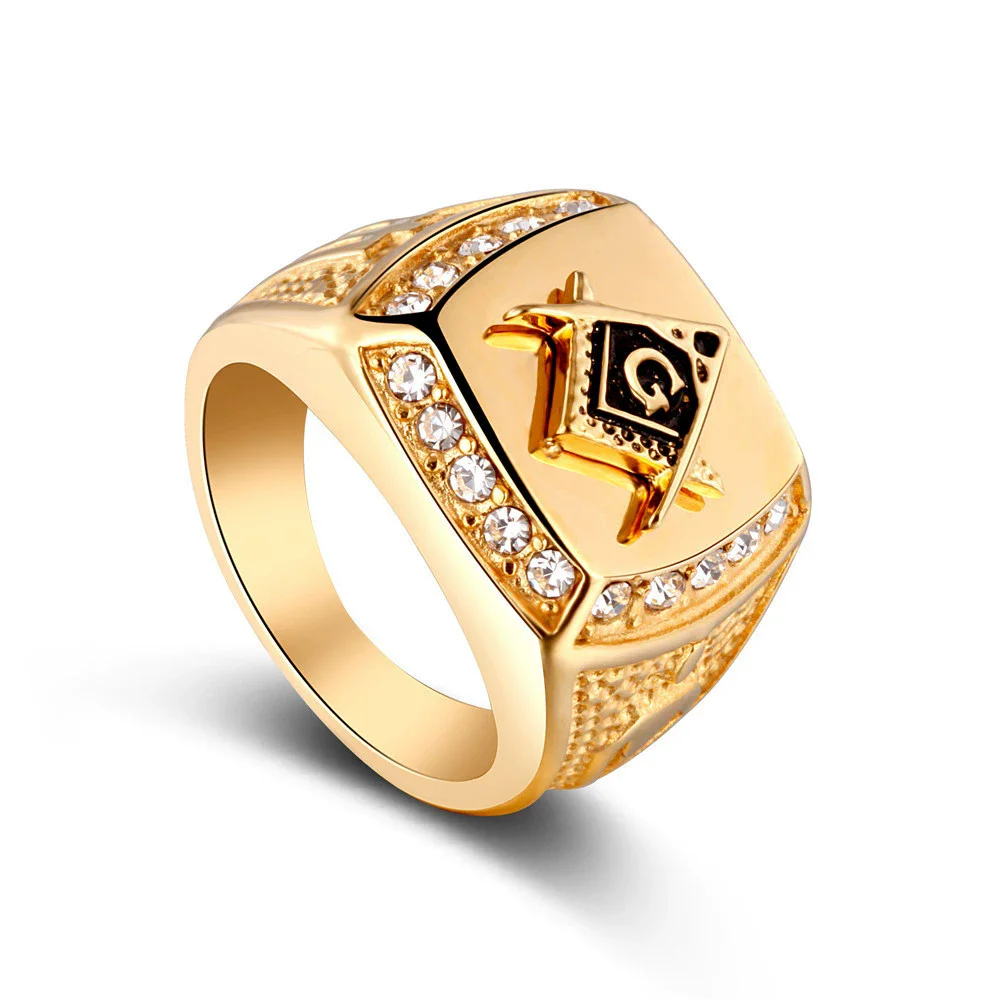 Men Ring Luxury Gold Color Masonic Titanium Jewelry Geometrical Design Crystal Masonic Rings Fashion Jewelry