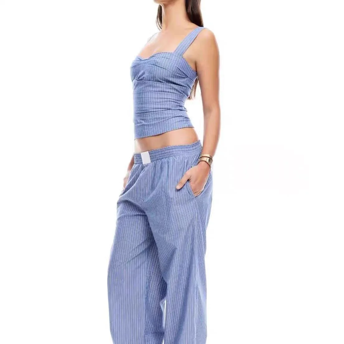 

Lioness Striped Waist-Defining Tank Top Spring/Summer Lightweight Elastic High-Waisted Loose Straight-Leg Pants Set