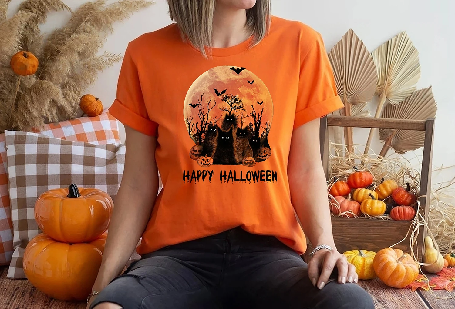 

Horror Cartoon Black Cats Under The Full Moon Print Female T-shirt New Hot Sale Popular Halloween Casual All Match Women Shirt