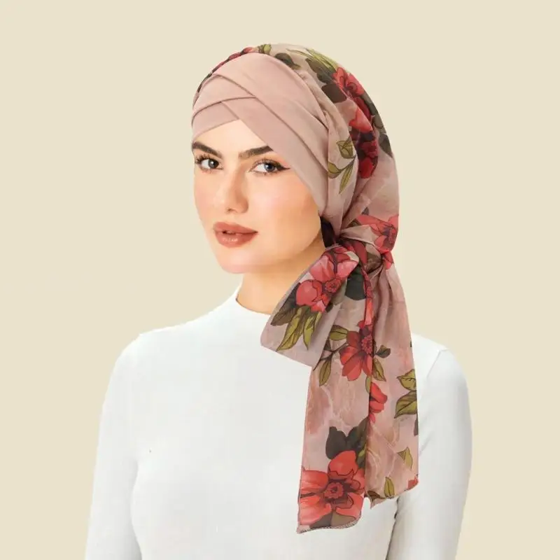 39BD Pull On Turban Headscarf Cap Printed Head Wrap with Scarf Tail for Commuting Travel and Daily Light Activity Wear