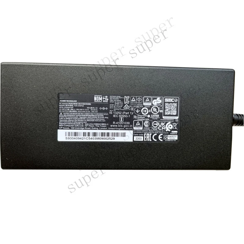 S+   Chicony 20V 12A 240W AC Adapter Charger For MSI AORUS 16X 9SG-43AUC54SH 4.5MM